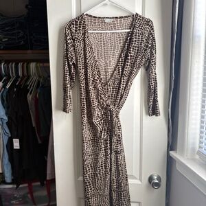 London Times Brown & Ivory Animal Print Wrap Dress | Size 10 | 3/4 Sleeve